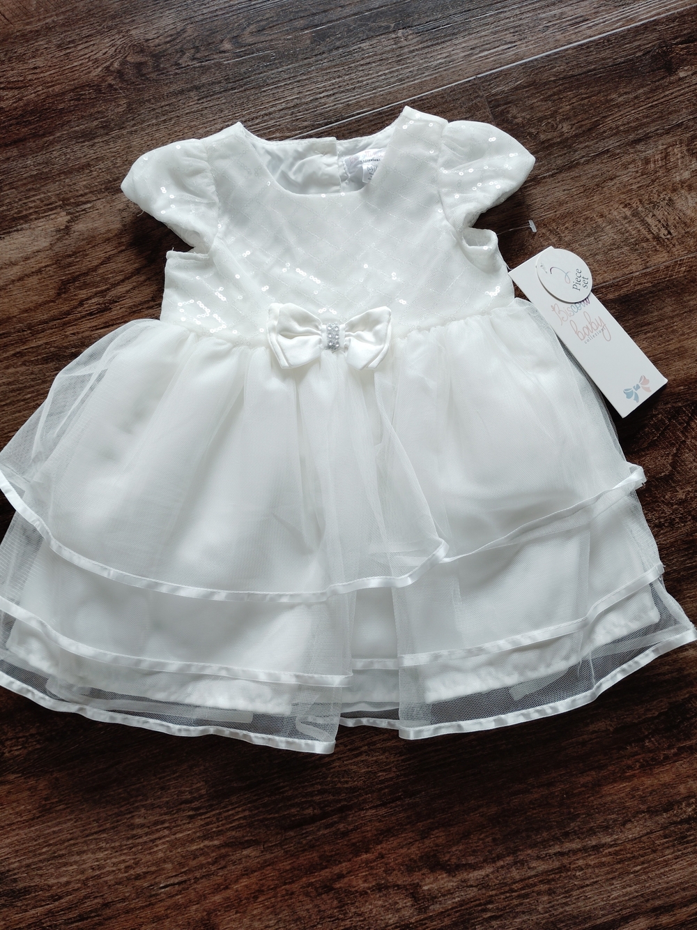 Size 6-9 Mths Baby Girl White Formal Bow-Accent Tulle Dress
